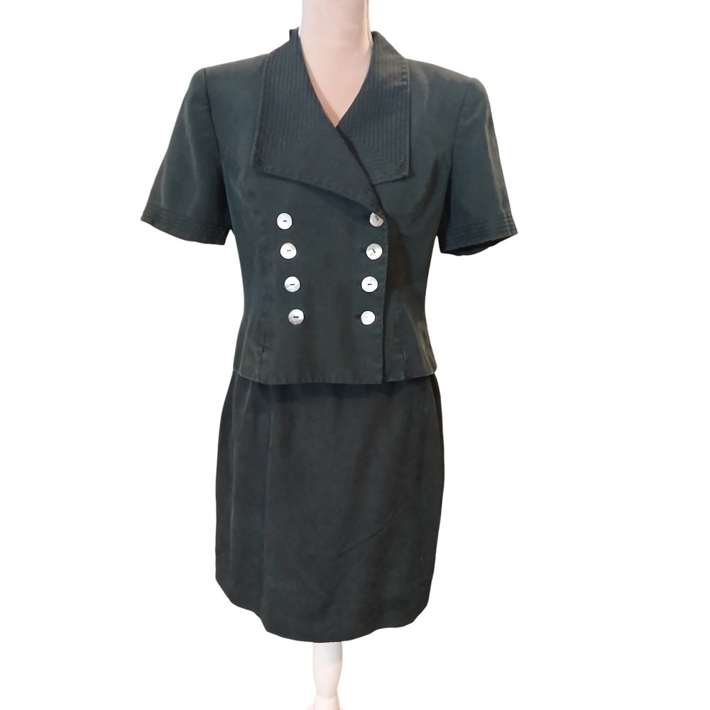 Albert Nipon Suits Women's Blazer Skirt Set Dark Green Silk Size 8